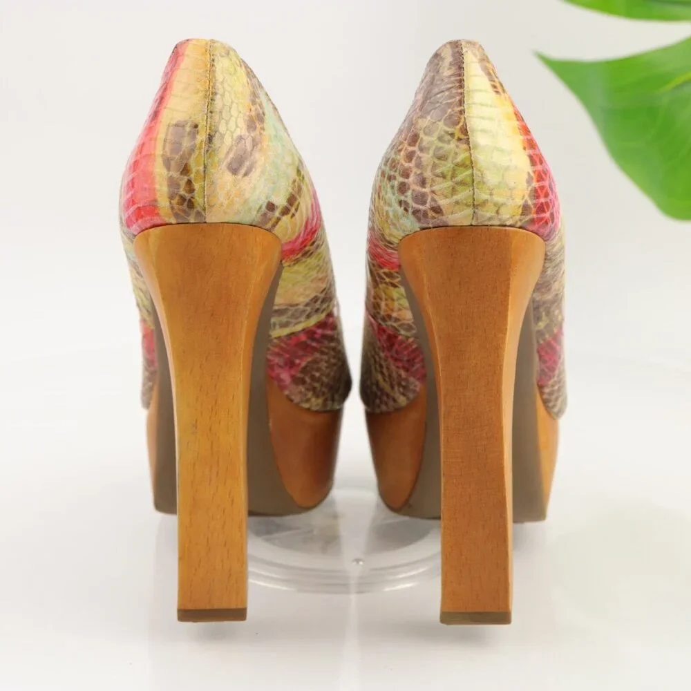 ZigiSoho Womens Jaclyn Pumps Size 8 Tan Red Python Wood Heel Platform Y2K Shoes